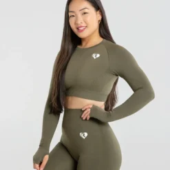 WOMEN'S BEST Power Seamless Long Sleeve Crop Top | Khaki
