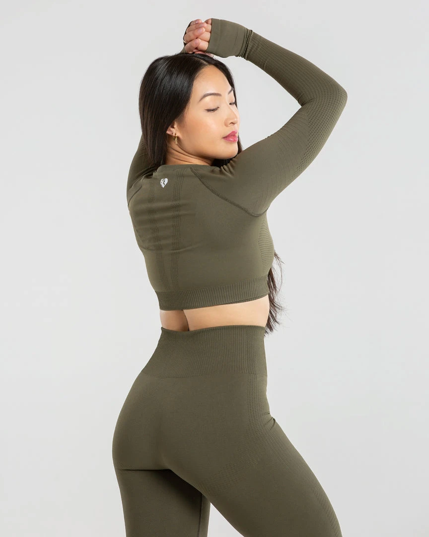 WOMEN'S BEST Power Seamless Long Sleeve Crop Top | Khaki