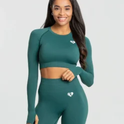 WOMEN'S BEST SPORTBEKLEIDUNG Power Seamless Long Sleeve Crop Top | Forest Green