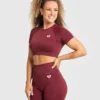 WOMEN'S BEST Power Seamless Short Sleeve Crop Top | Burgundy SPORTBEKLEIDUNG