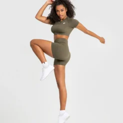 WOMEN'S BEST SPORTBEKLEIDUNG Power Seamless Short Sleeve Crop Top | Khaki